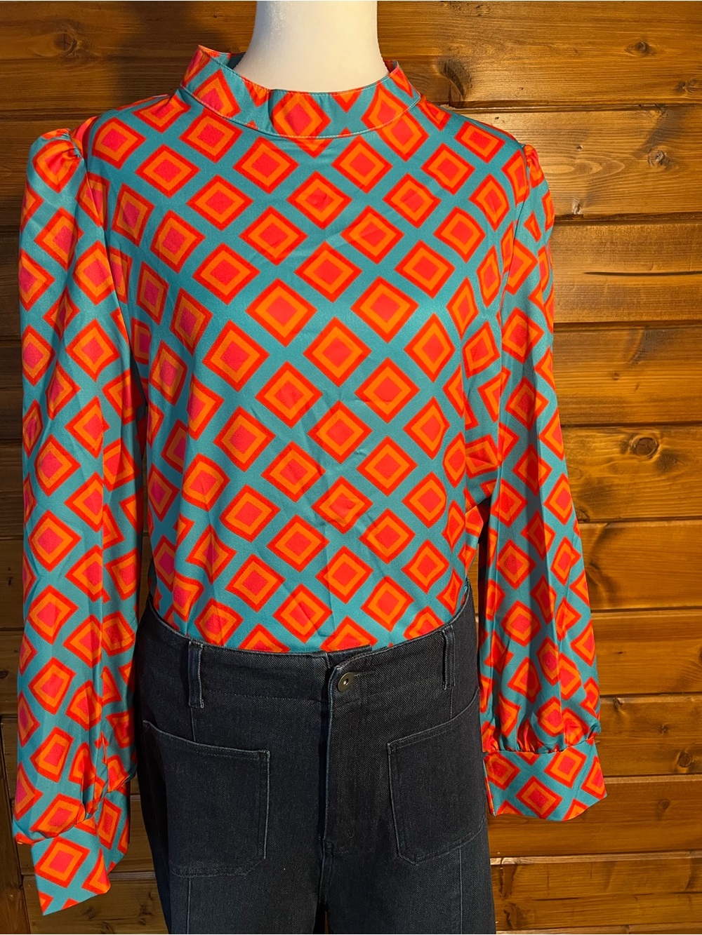 Retro Geometric Mock Neck Blouse - Turquoise & Orange